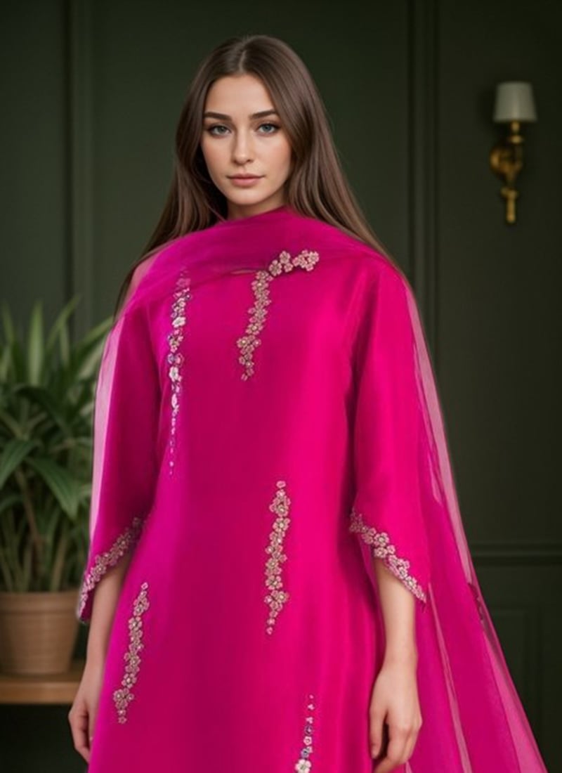 Pink Silk Zari Stone Hand Embroidered Palazzo Suit
