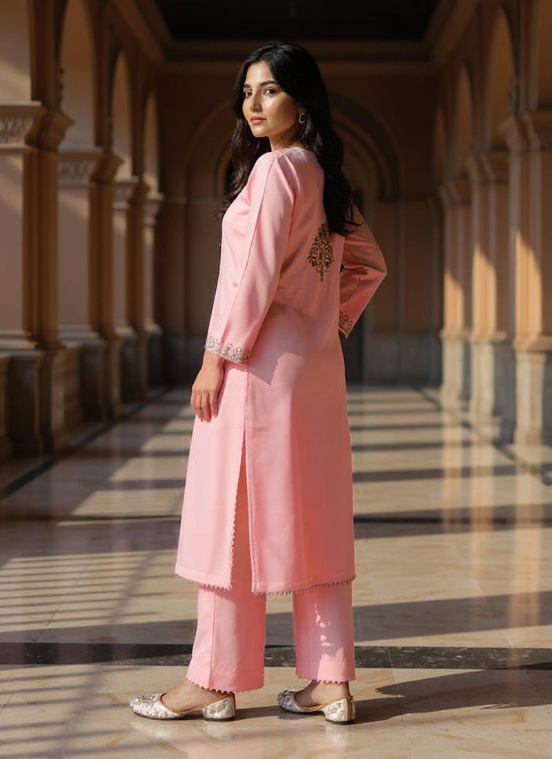 Pink Silk Zari Hand Embroidered With Beads Work Straight Pant Suit