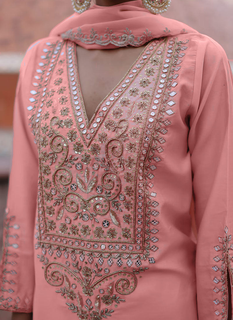 Pink Silk Zari Hand Embroidered With Beads Work Straight Pant Suit