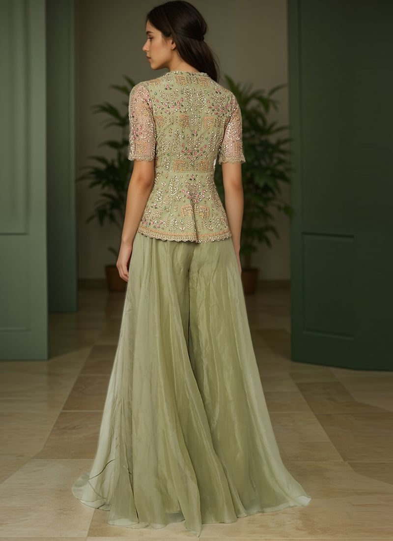 Pista Green Organza Zari Embroidered Sequins Hand Embroidered Palazzo Suit