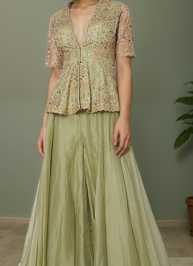 Pista Green Organza Zari Embroidered Sequins Hand Embroidered Palazzo Suit