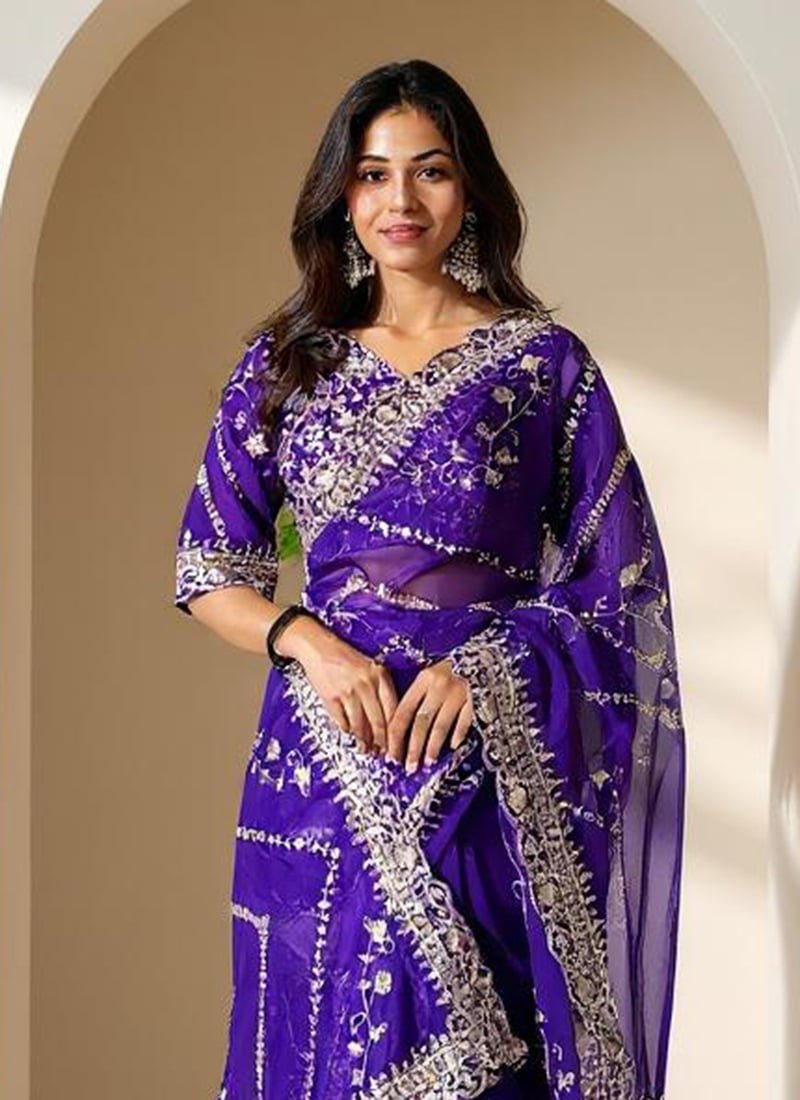 Purple Organza Silk Embroidered Sequins Saree