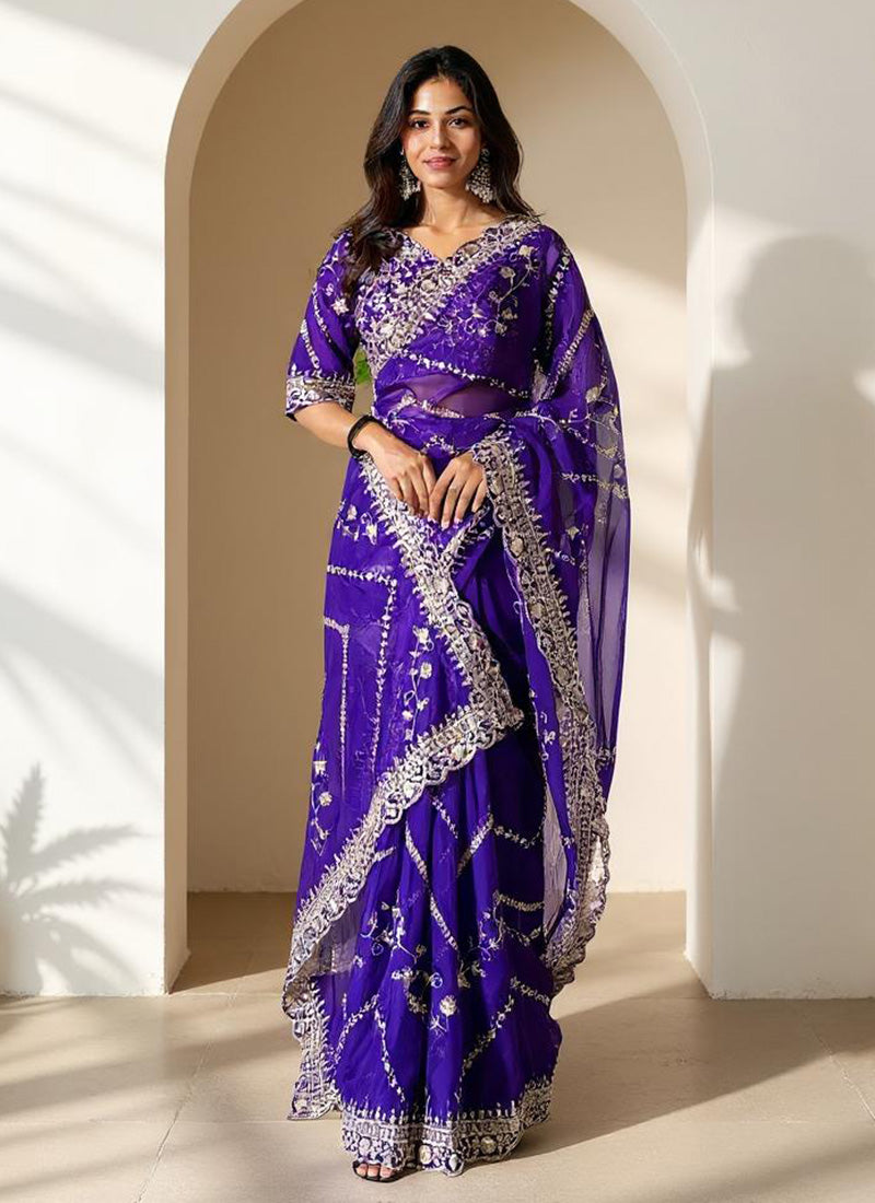 Purple Organza Silk Embroidered Sequins Saree