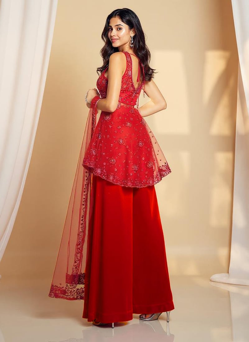 Red Net Hand Embroidered Sequins With Moti Work Palazzo Suit