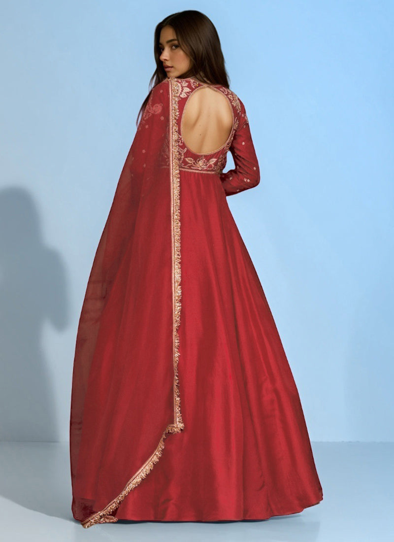 Red Silk Zardosi Moti And Sequins Hand Embroidered Abaya Style Anarkali Suit