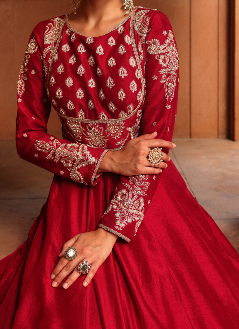 Red Silk Zardosi Moti And Sequins Hand Embroidered Abaya Style Anarkali Suit