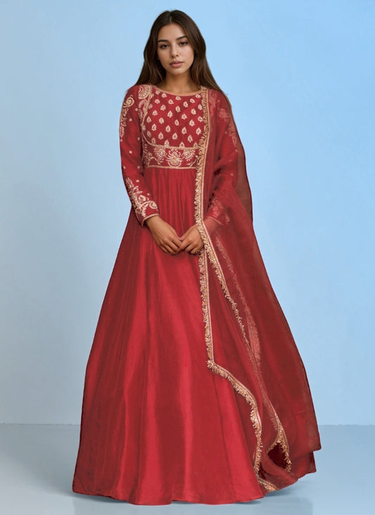 Red Silk Zardosi Moti And Sequins Hand Embroidered Abaya Style Anarkali Suit