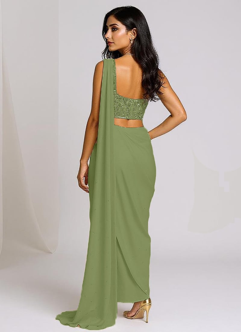 Sage Green Georgette Zari Hand Embroidered Sequins With Moti Work Pre Draped Saree