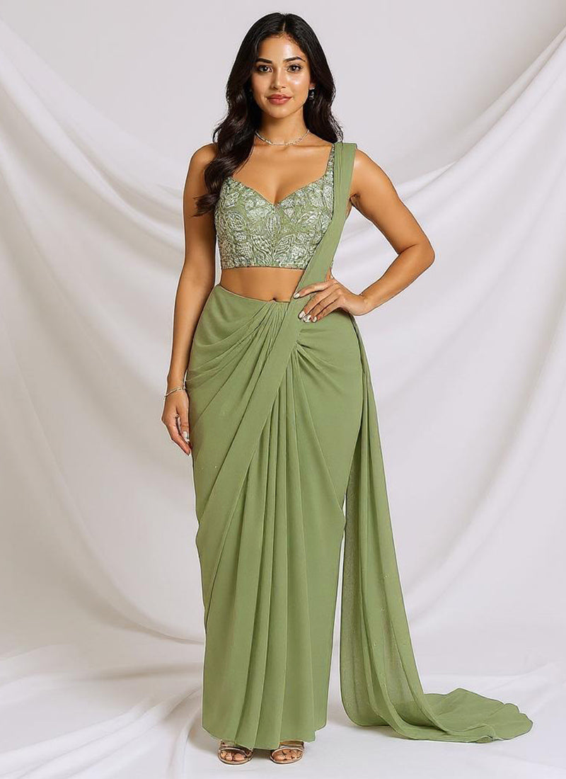 Sage Green Georgette Zari Hand Embroidered Sequins With Moti Work Pre Draped Saree