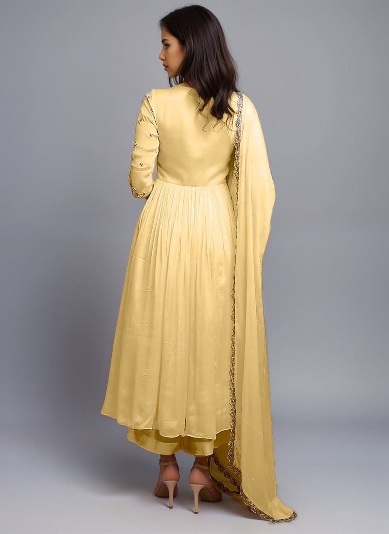 Yellow Silk Zardosi Sequins And Beads Hand Embroidered Anarkali Suit