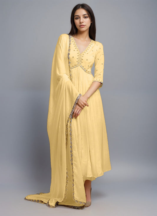 Yellow Silk Zardosi Sequins And Beads Hand Embroidered Anarkali Suit