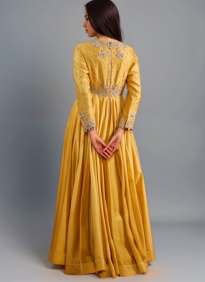 Yellow Silk Zardosi Sequins And Stone Hand Embroidered Abaya Style Anarkali Suit
