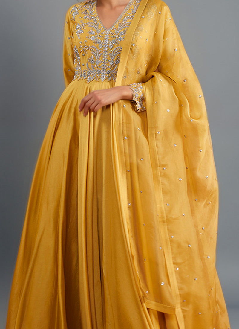 Yellow Silk Zardosi Sequins And Stone Hand Embroidered Abaya Style Anarkali Suit