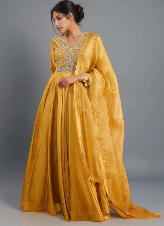 Yellow Silk Zardosi Sequins And Stone Hand Embroidered Abaya Style Anarkali Suit