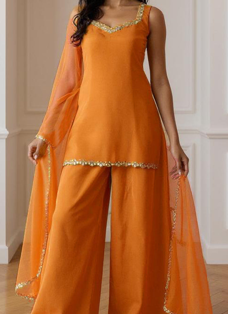 Yellow Organza Zari Hand Embroidered With Mirror Work Palazzo Suit